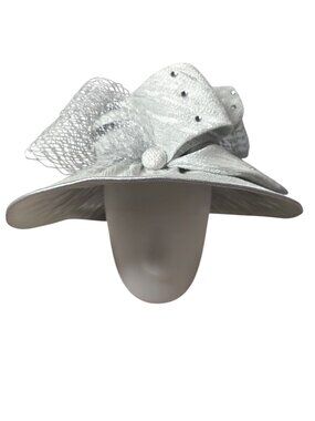 Clara By Vinetta Silver Wide-Brim Hat With Rhinestones & Mesh Design, Large